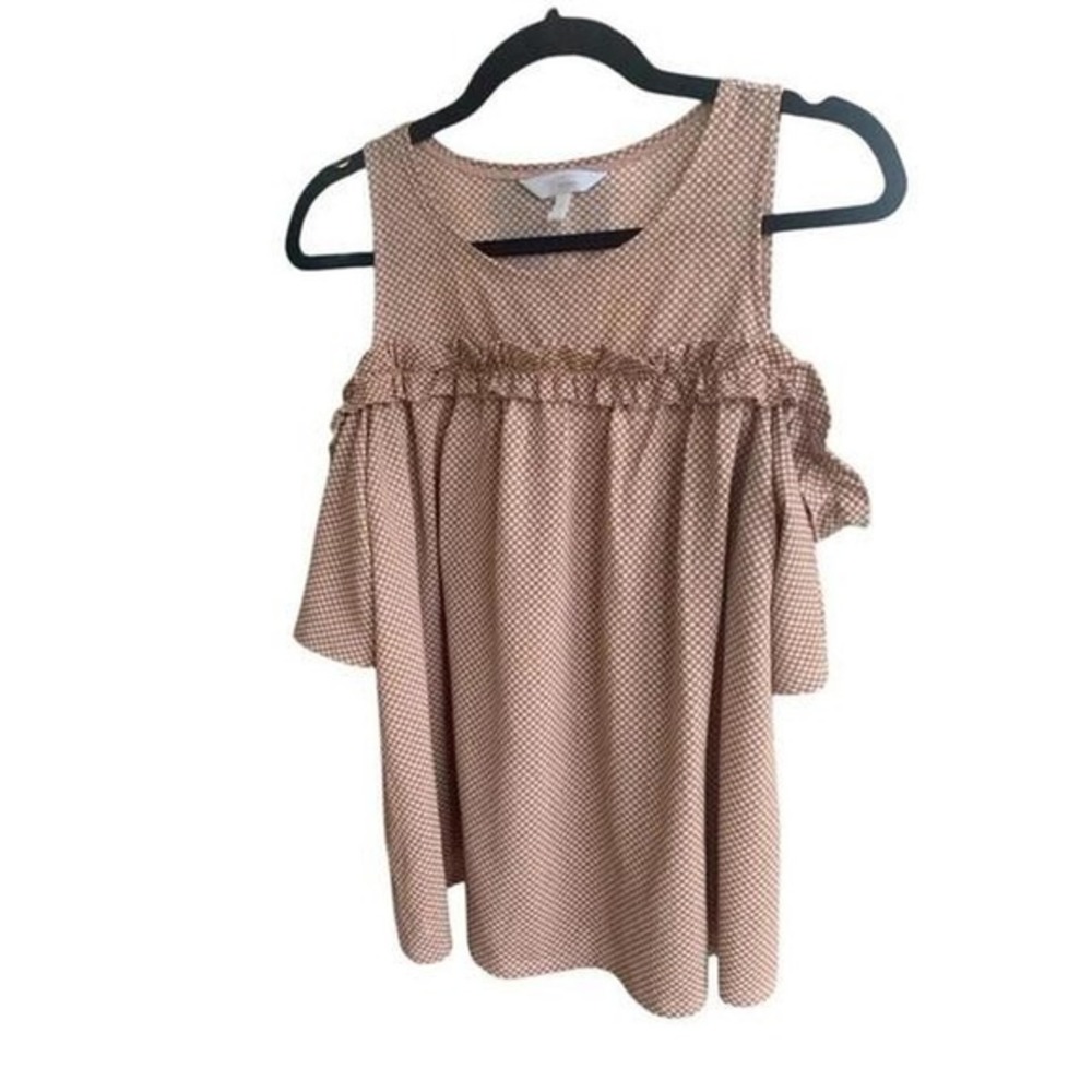 Lauren Conrad Cold Shoulder‎ Ruffle Top Checkered Blouse Casual Beige & Pink  M